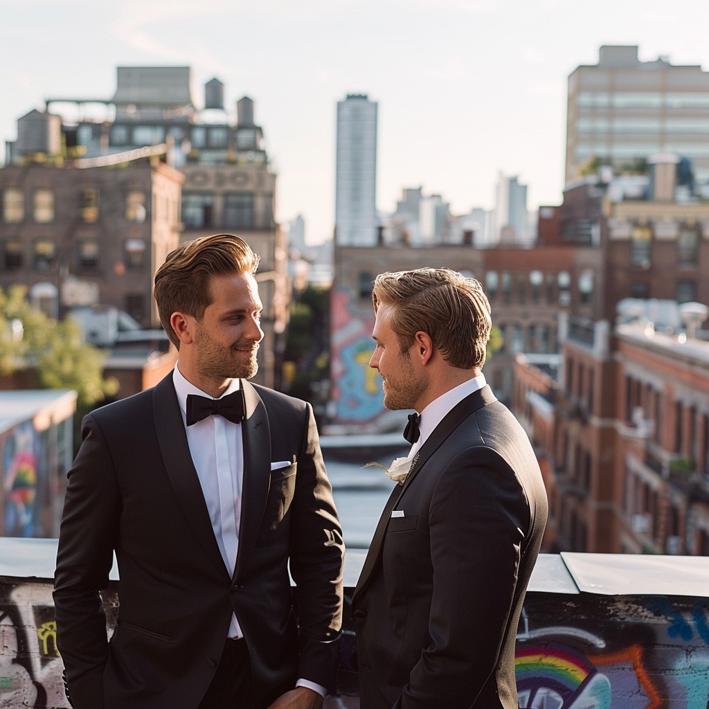 Captured atop a city building, the photo depicts two gentlemen in formal attire, possibly at a special event. They appear to be deeply engaged in conversation, oblivious to the bustling cityscape and urban art behind them. The warmth of the setting sun enhances the mood of the scene, suggesting a relaxed yet sophisticated atmosphere. Their choice of attire, a classic black tuxedo for each, adds to the elegance of the moment, while the contrasting graffiti hints at the diverse urban environment surrounding them.